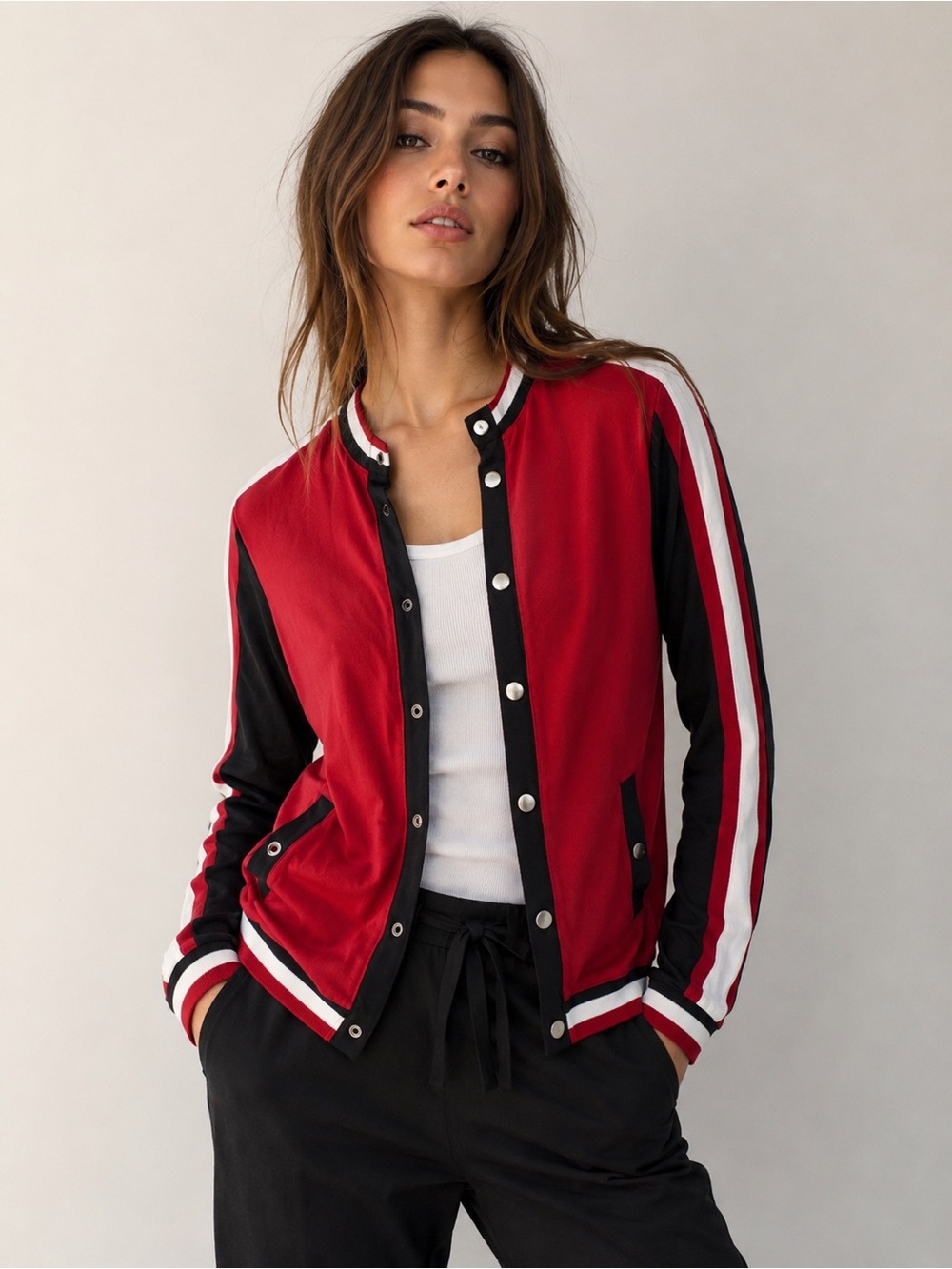 Women’s Red & Black Striped Varsity Jacket - Classic Snap Front